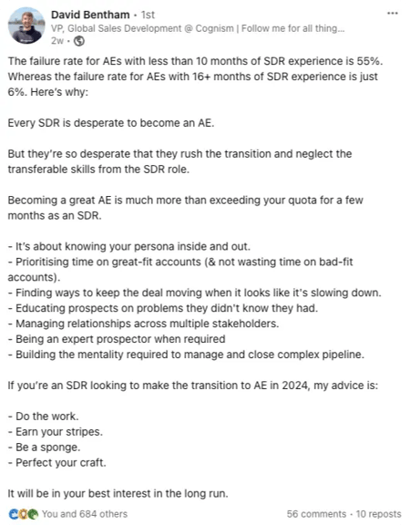 Screenshot of David Bentham’s post about SDR to AE progression